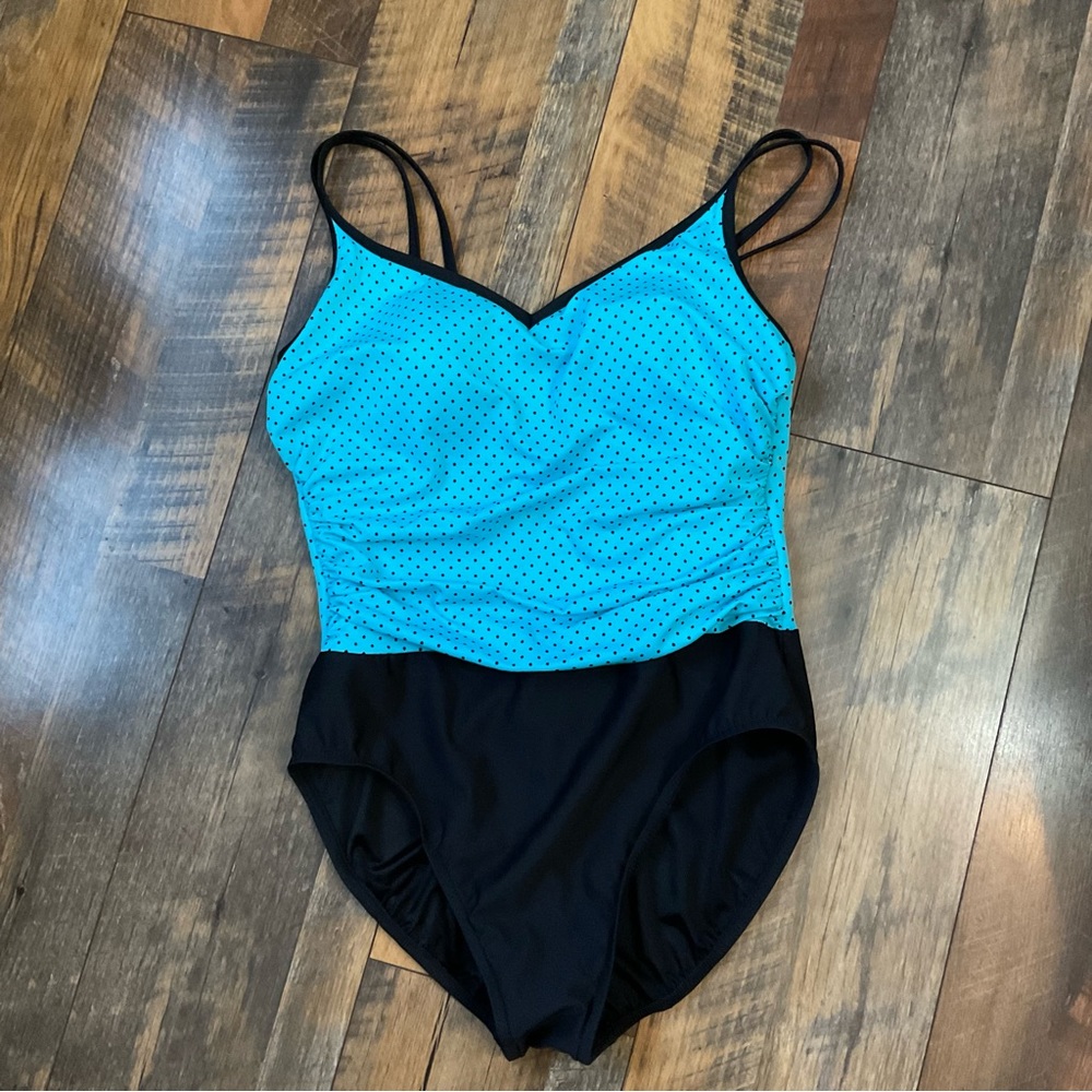 Trimshaper Black Blue Polka Dot Slimming Swimsuit 12